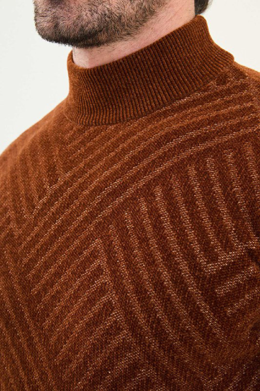 Mazonni Terra Cardigan – Men’s Brown High Neck Geometric Knit Sweater