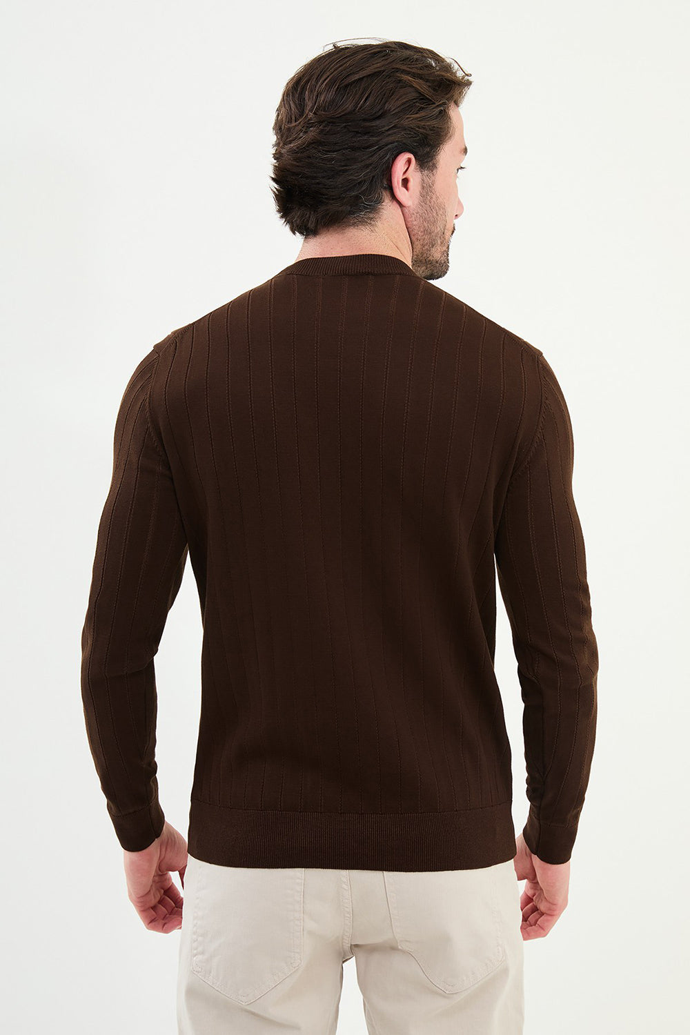 Mazonni Classic Brown Cardigan – Men’s Ribbed Knit Crew Neck Slim Fit Sweater