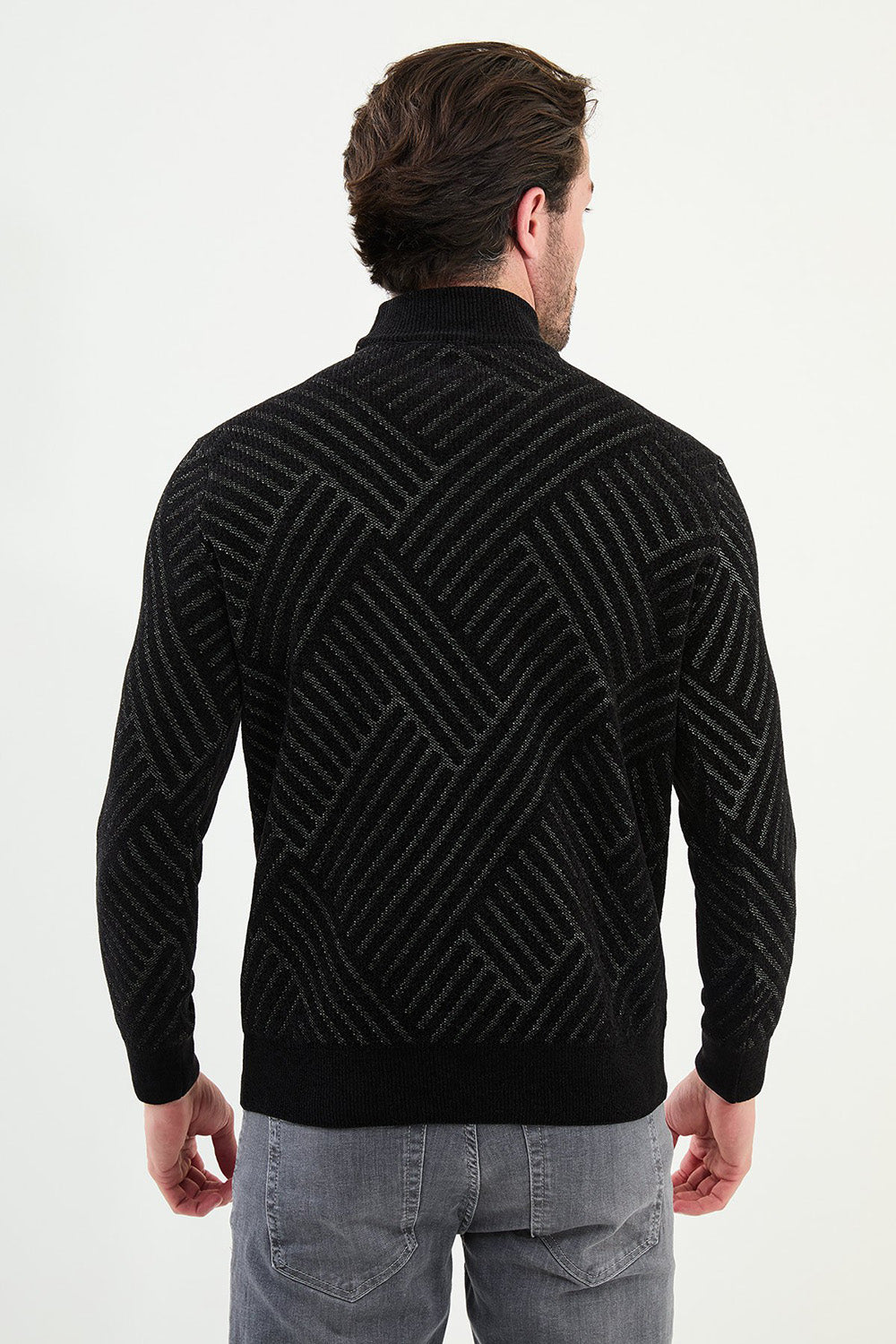 Mazonni Modern Black Cardigan – Men’s High Neck Sweater with Textured Knit Design