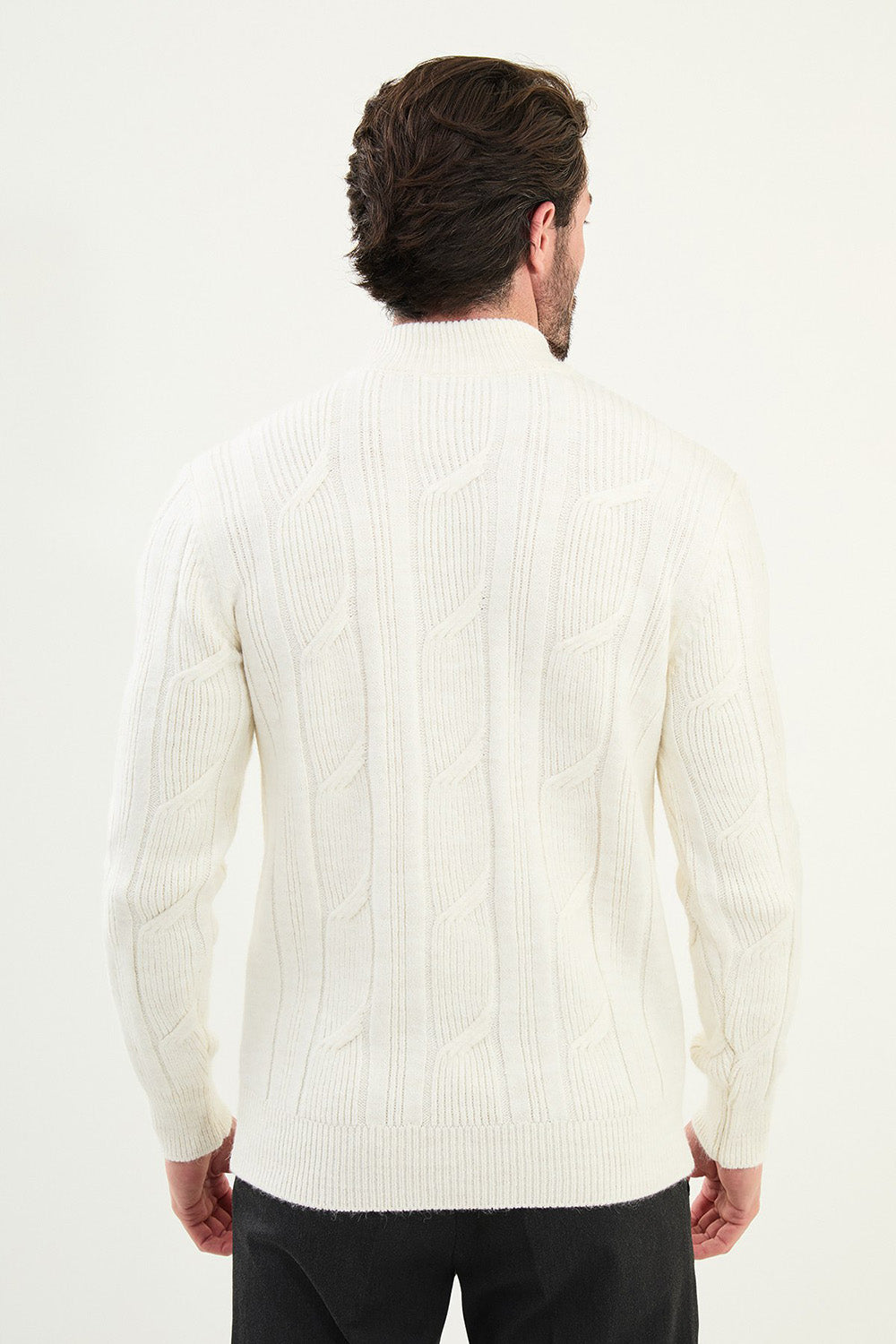 Mazonni Arctic White Turtleneck Cardigan – Men’s Cable Knit Slim Fit Sweater