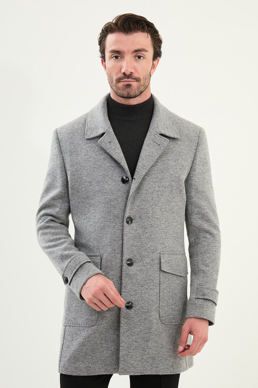 Mazonni Roma Men’s Grey Wool Short Coat Classic Elegant Winter Overcoat