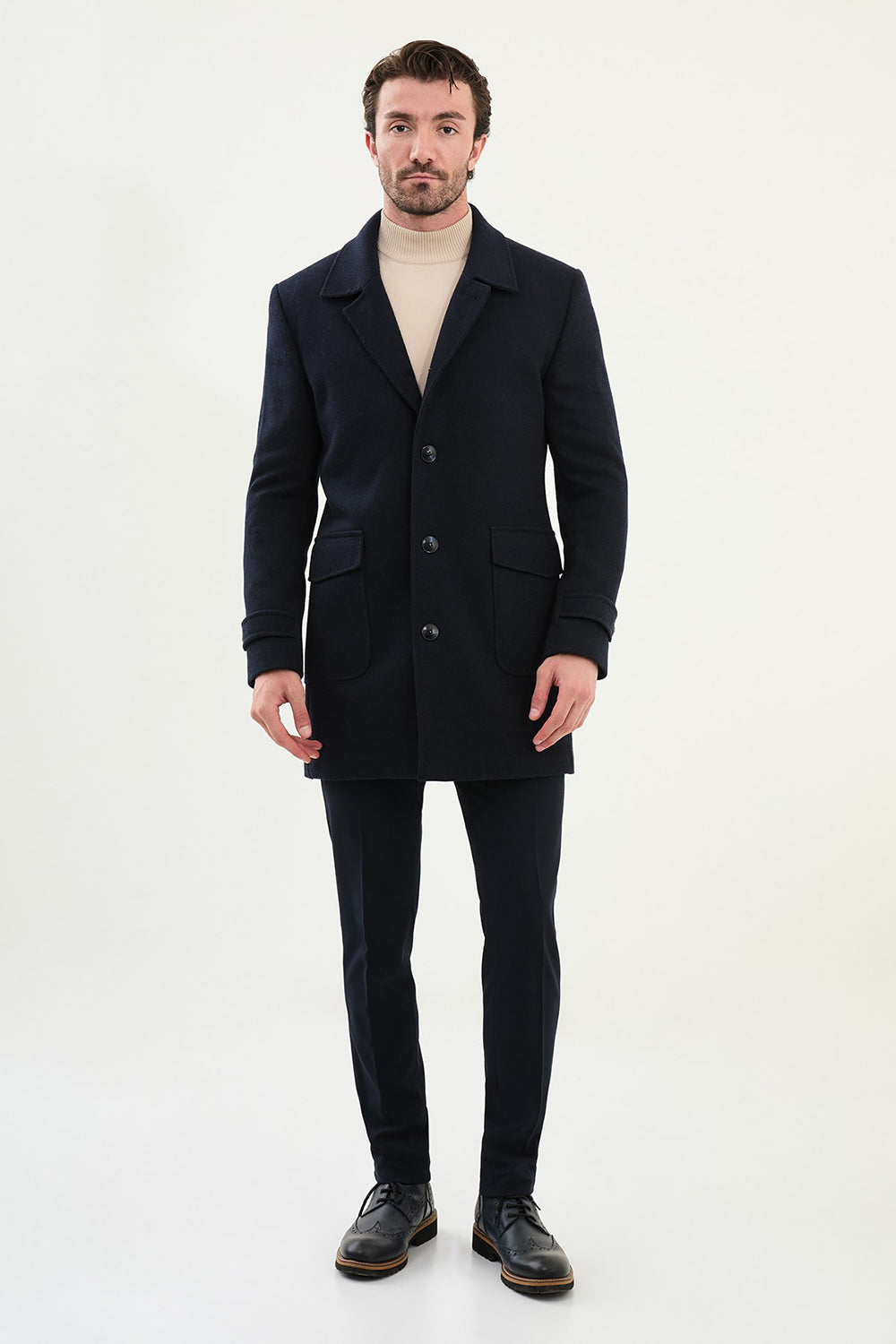 Mazonni Milano Men’s Navy Wool Short Coat Modern Classic Winter Overcoat