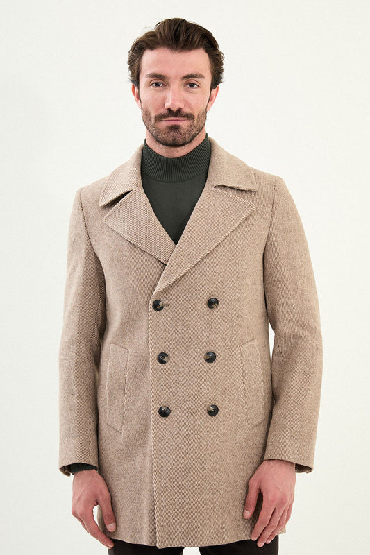 Mazonni Verona Men’s Beige Wool Short Coat Double Breasted Classic Overcoat