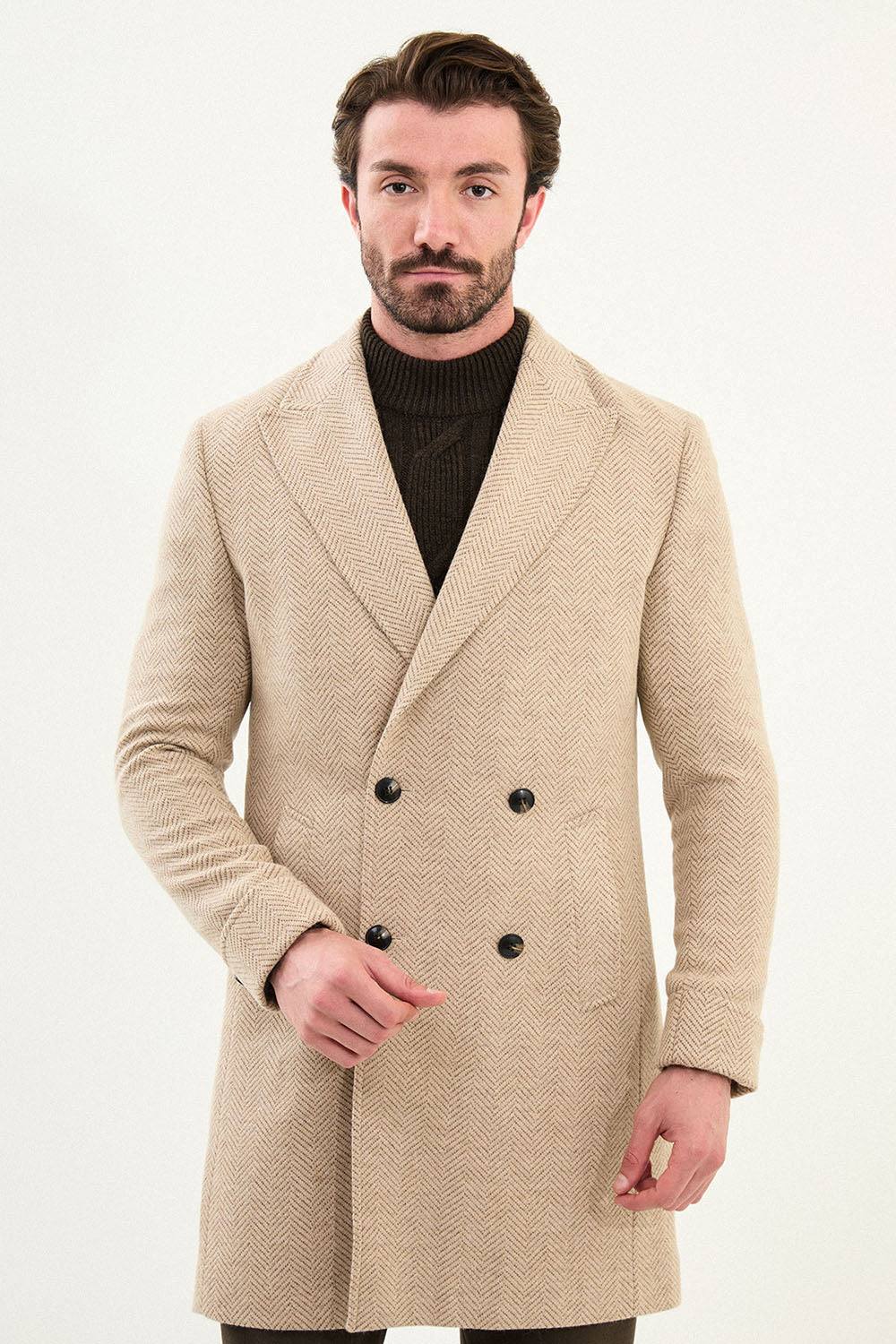 Mazonni Roma Men’s Beige Herringbone Coat Wool Double Breasted