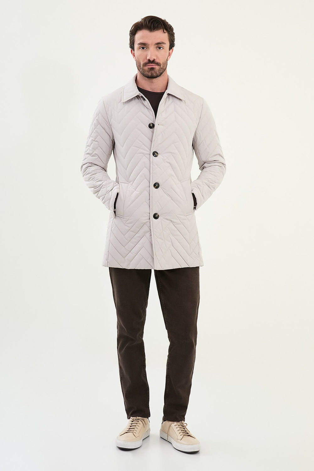 Mazonni Siena Men’s Beige Quilted Coat Long Sleeve Button Jacket