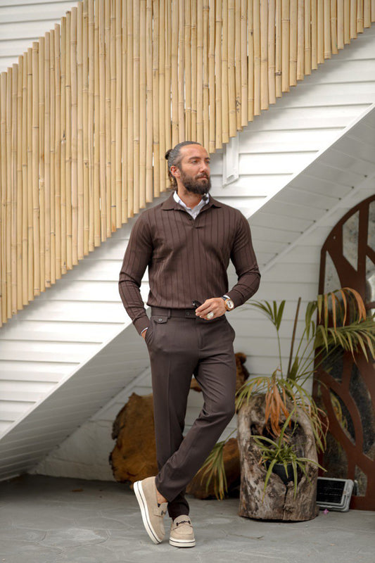 Mazonni Verona Men’s Brown Knit Cardigan with Collar Long Sleeve