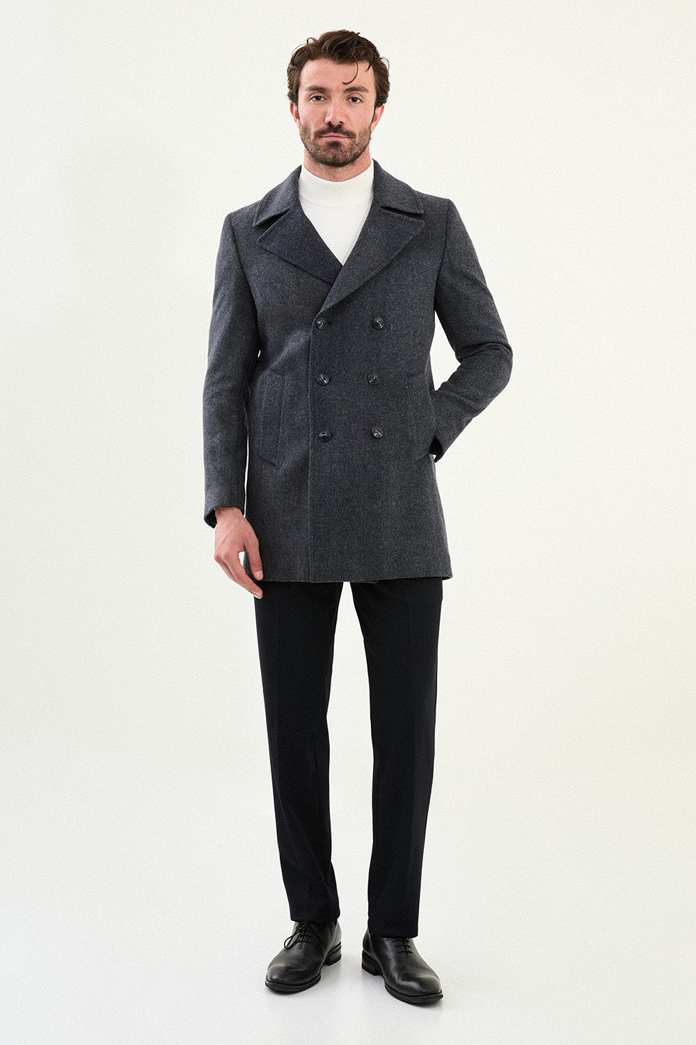 Mazonni Milano Men’s Dark Grey Wool Short Coat Double Breasted Overcoat