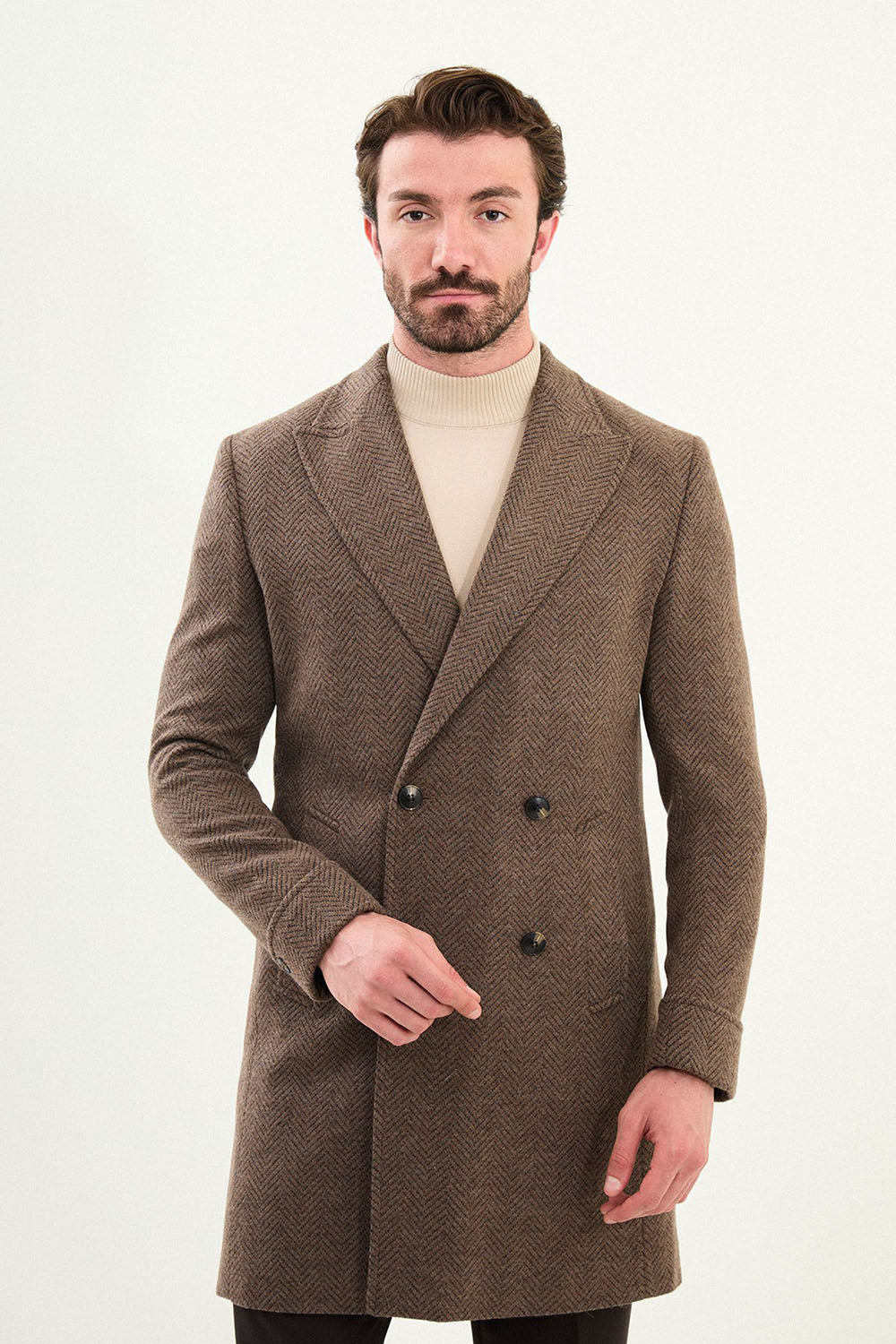 Mazonni Napoli Men’s Brown Double Breasted Coat Wool Long Jacket