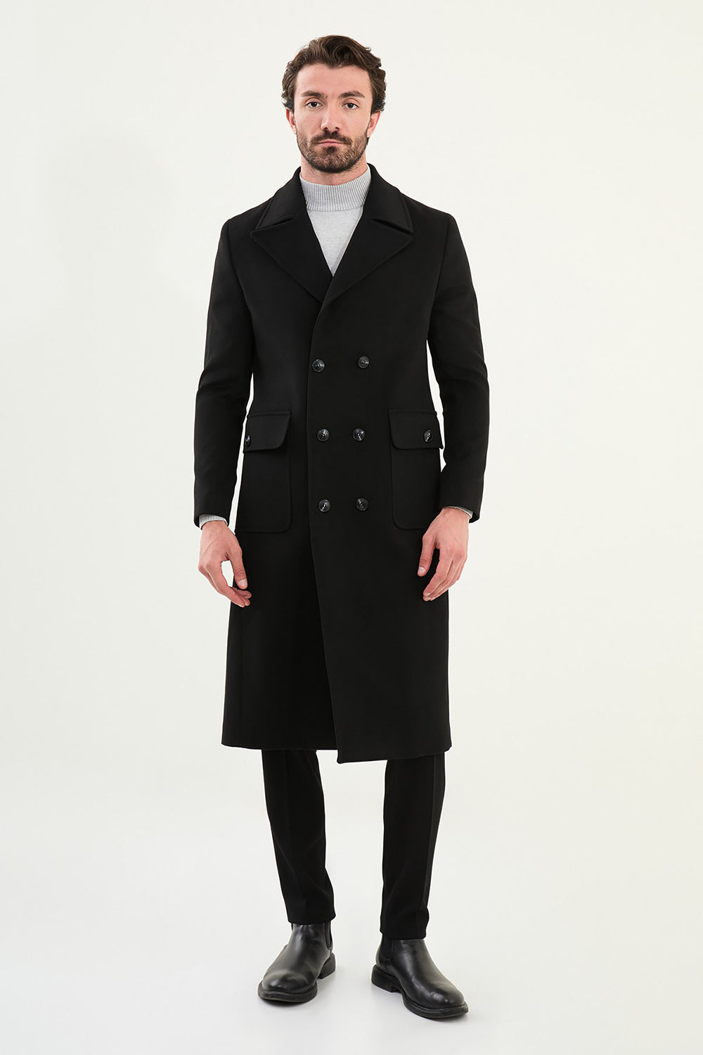 Mazonni Roma Men’s Black Wool Double Breasted Overcoat Long Elegant Jacket