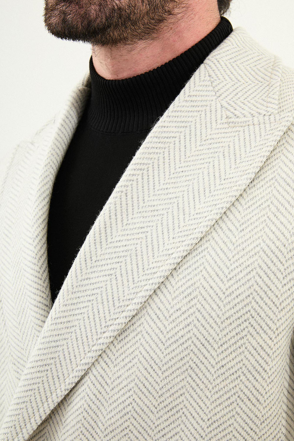 Mazonni Firenze Men’s Light Grey Herringbone Wool Double Breasted Overcoat